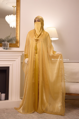 Humaira 3 Piece Abaya Set In Yellow Gold Organza Luxurious Kaftan With Inner Dress, Scarf