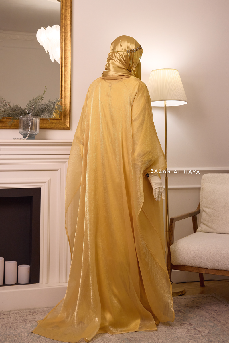 Humaira 3 Piece Abaya Set In Yellow Gold Organza Luxurious Kaftan With Inner Dress, Scarf