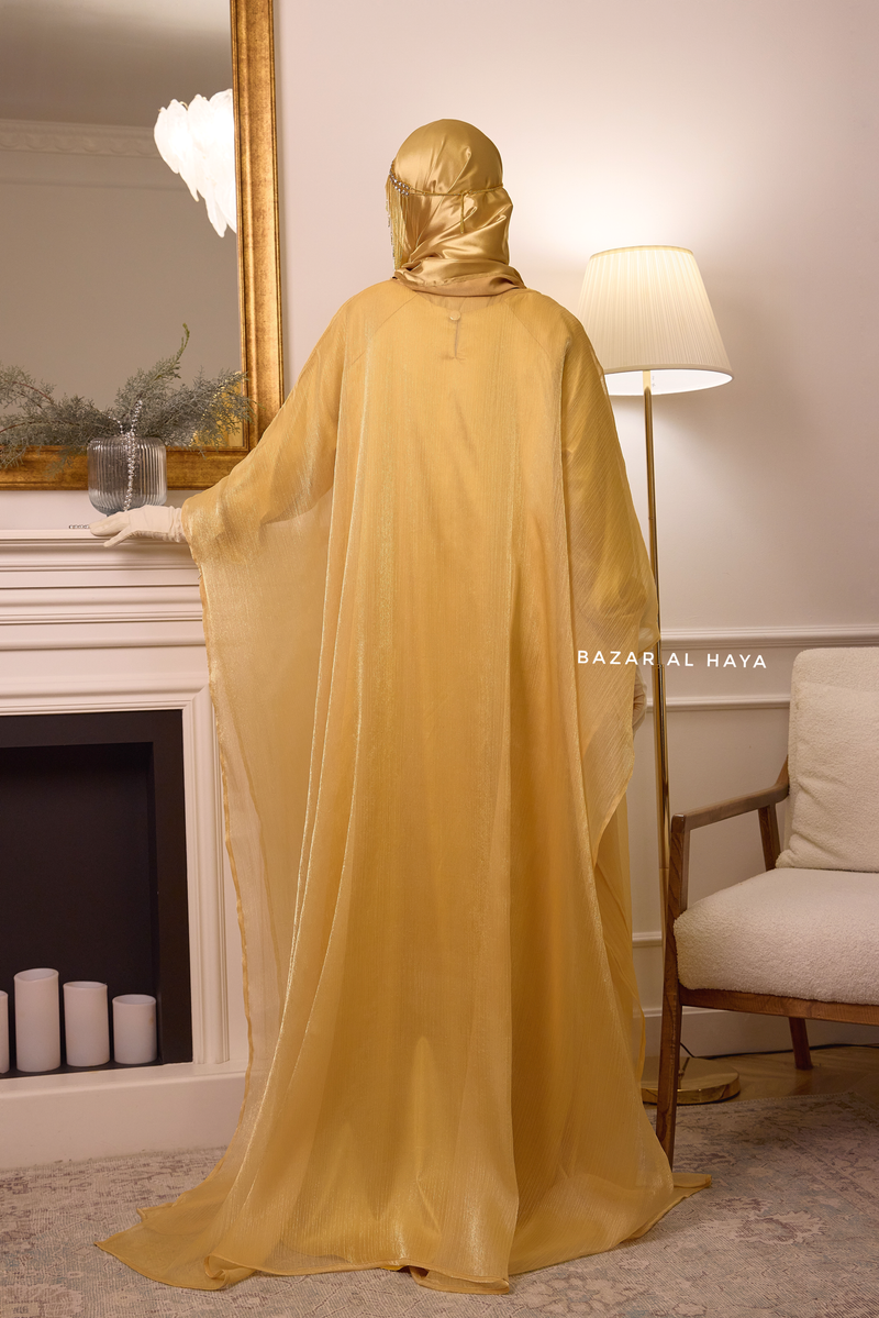 Humaira 3 Piece Abaya Set In Yellow Gold Organza Luxurious Kaftan With Inner Dress, Scarf