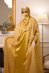 Humaira 3 Piece Abaya Set In Yellow Gold Organza Luxurious Kaftan With Inner Dress, Scarf