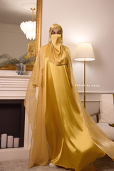 Humaira 3 Piece Abaya Set In Yellow Gold Organza Luxurious Kaftan With Inner Dress, Scarf