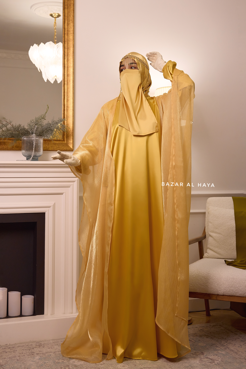 Humaira 3 Piece Abaya Set In Yellow Gold Organza Luxurious Kaftan With Inner Dress, Scarf