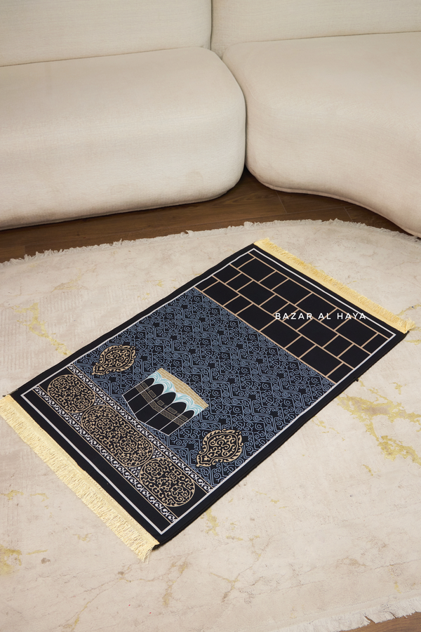 Non-Slip Prayer / Salah Mat with Gold Blue Kaaba Design