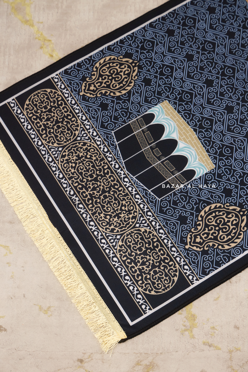 Non-Slip Prayer / Salah Mat with Gold Blue Kaaba Design