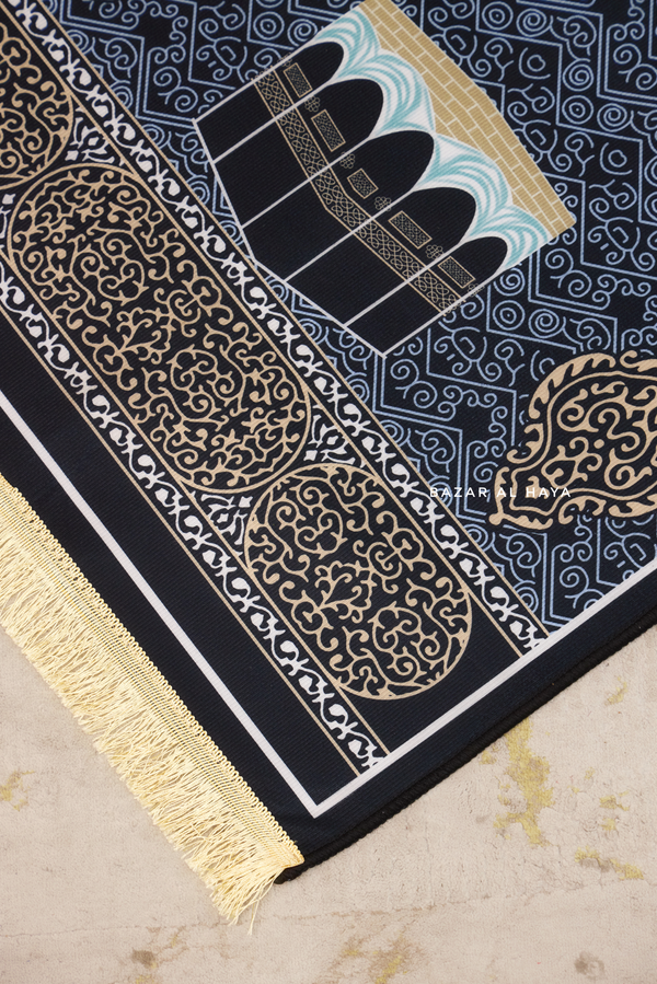 Non-Slip Prayer / Salah Mat with Gold Blue Kaaba Design