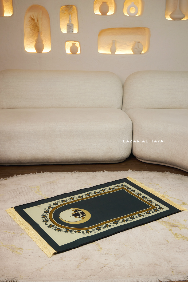 Non-Slip Prayer / Salah Mat with Gold Dark Green - Beautiful Design