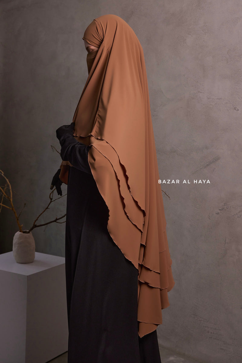 Latte Aiza Three Layered Diamond Khimar - Premium Stretch