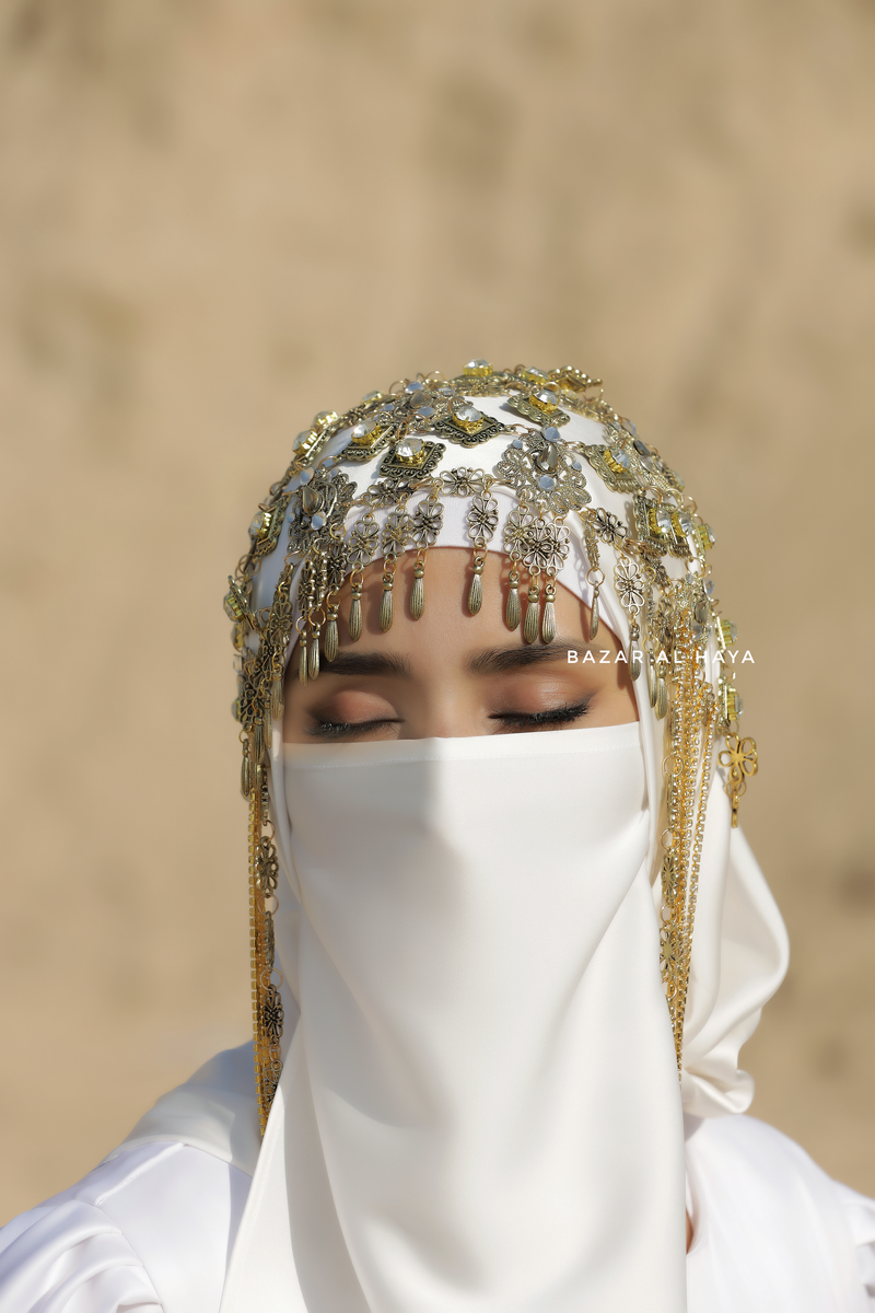 Bazar Al Haya Rhinestone Chain Silver Bridal Face Veil - Handmade