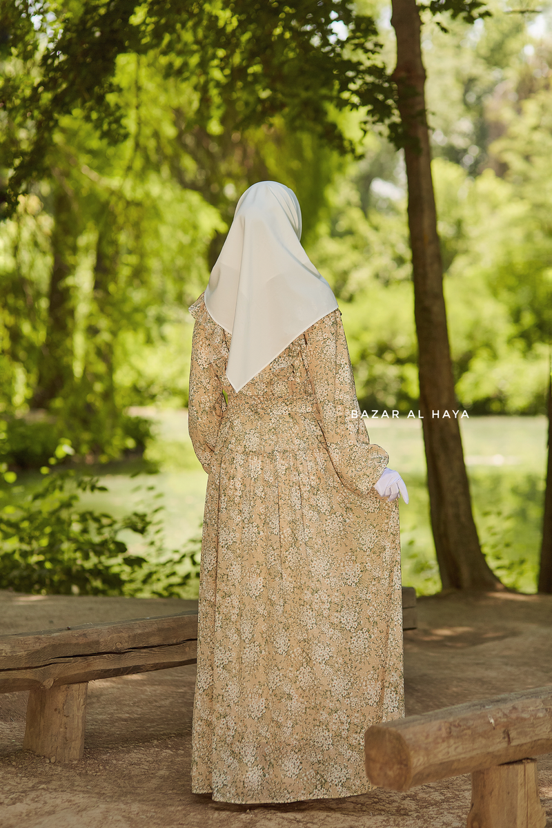 Surayya Almond Chiffon Abaya Dress With Floral Print Ruffled Design 