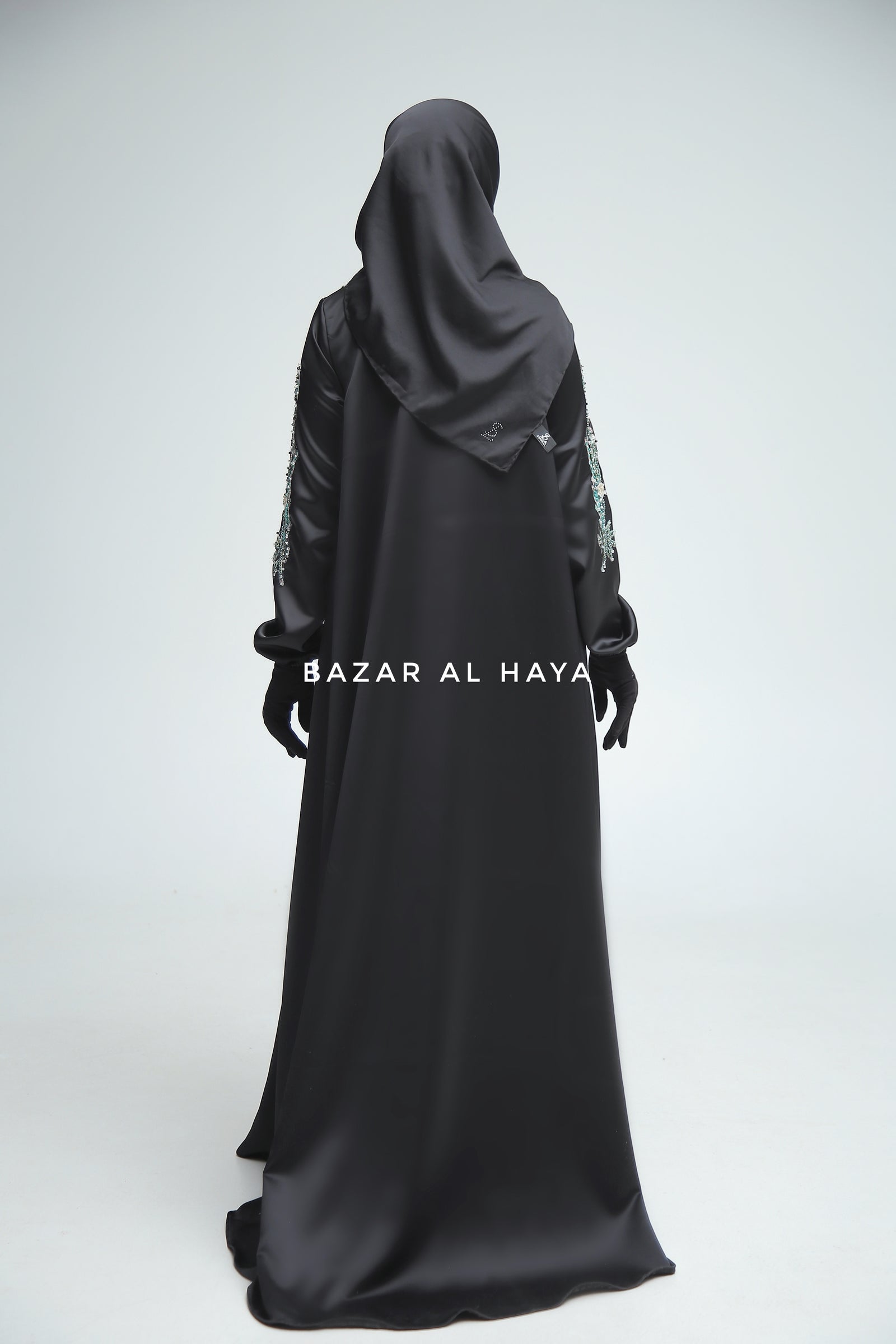 Farha Black Moroccan Embroidered Luxurious Silk Kaftan Abaya Bazar Al Haya